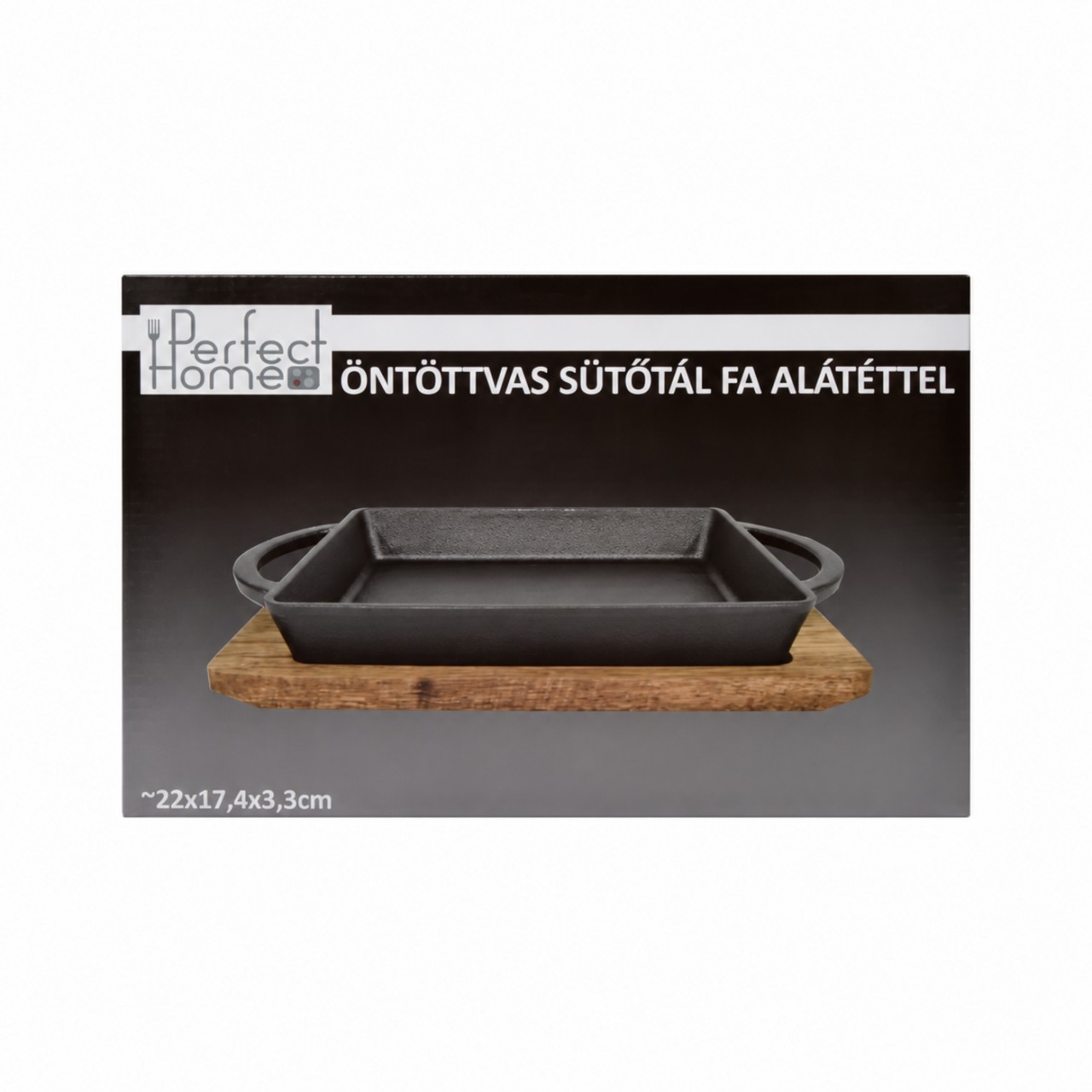 Tavă grill din fontă cu suport din lemn, 22 × 17 cm