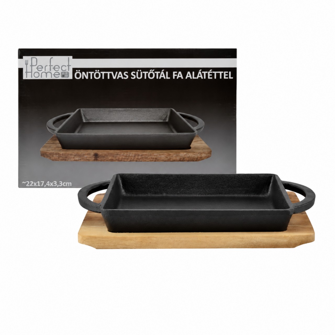 Tavă grill din fontă cu suport din lemn, 22 × 17 cm