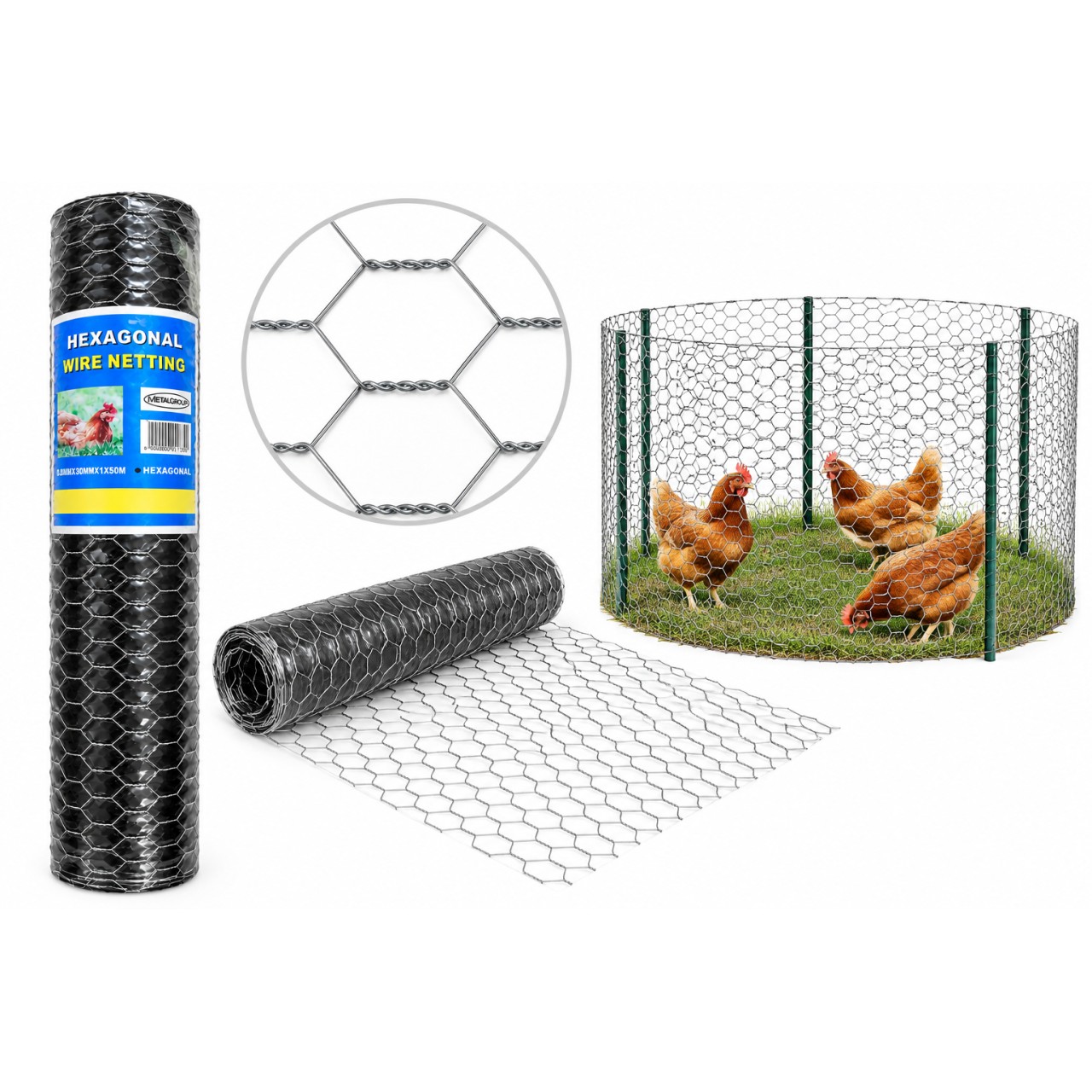 Plasă hexagonală zincată 0,8 mm, ochi 30 mm, 1 x 50 m – gard păsări